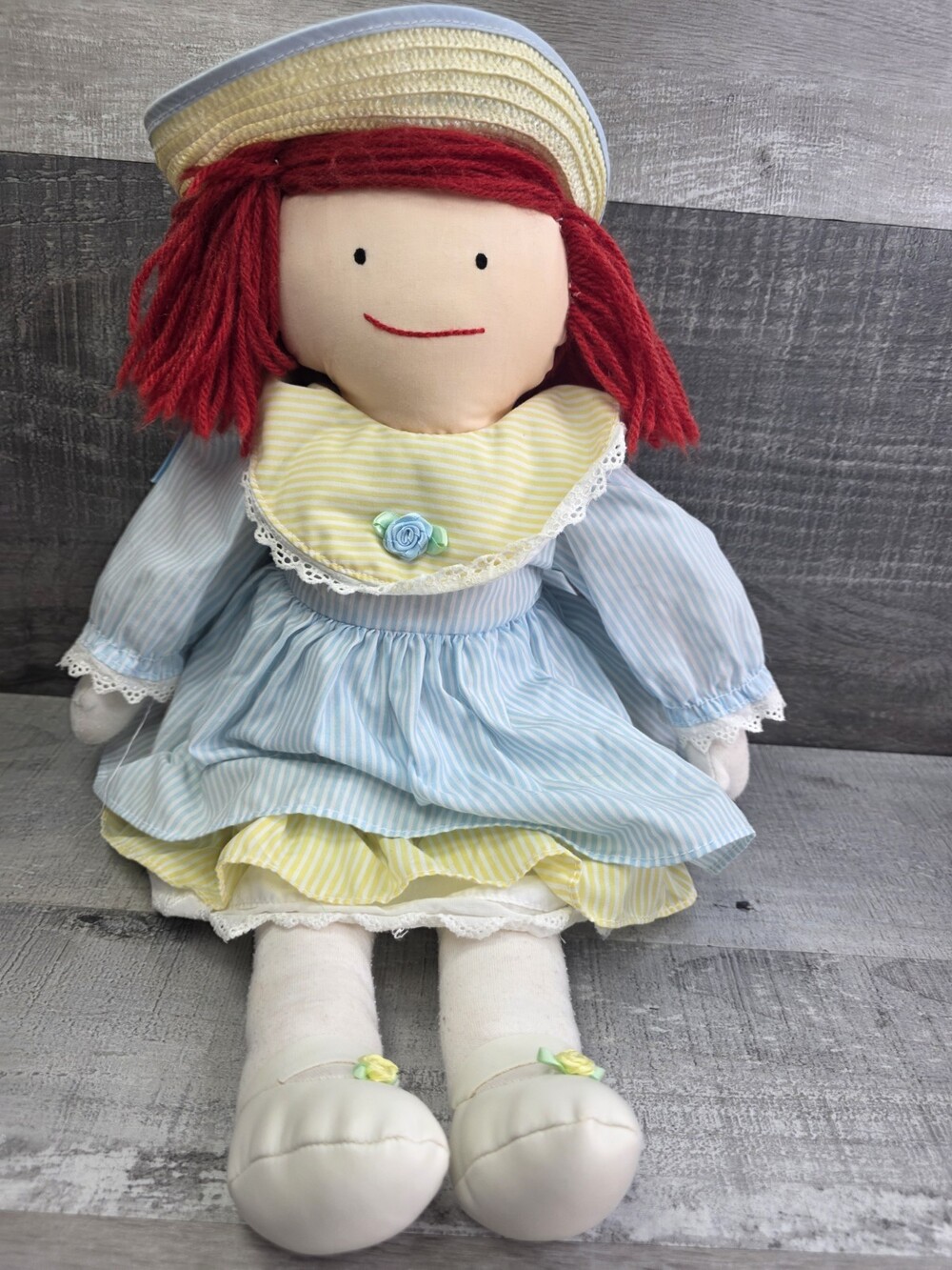 EDEN Vintage 1990 MADELINE Rag Doll Blue Dress Straw Hat 18" bin5